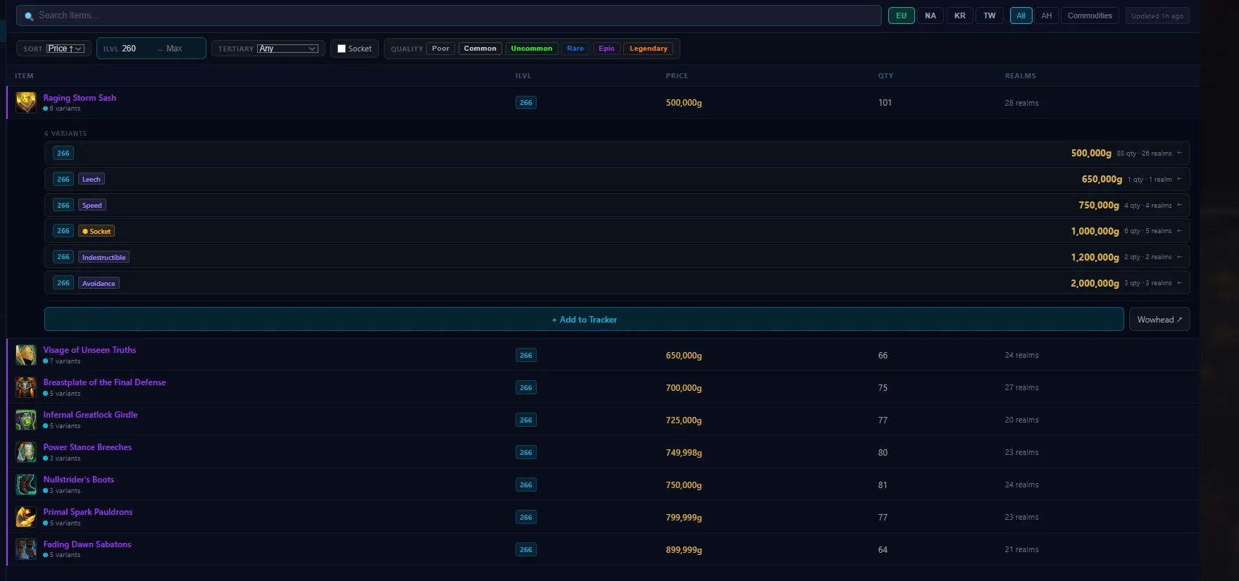 The first auction house browser, with item variants
