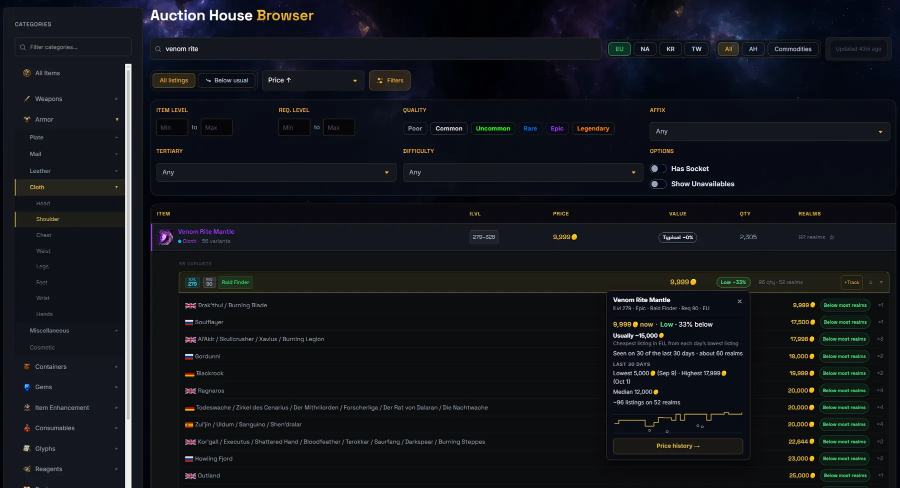 The auction house browser: one item with 56 versions listed on 92 realms, and a price pop-up