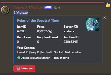 A Discord alert with item art and the matched criteria