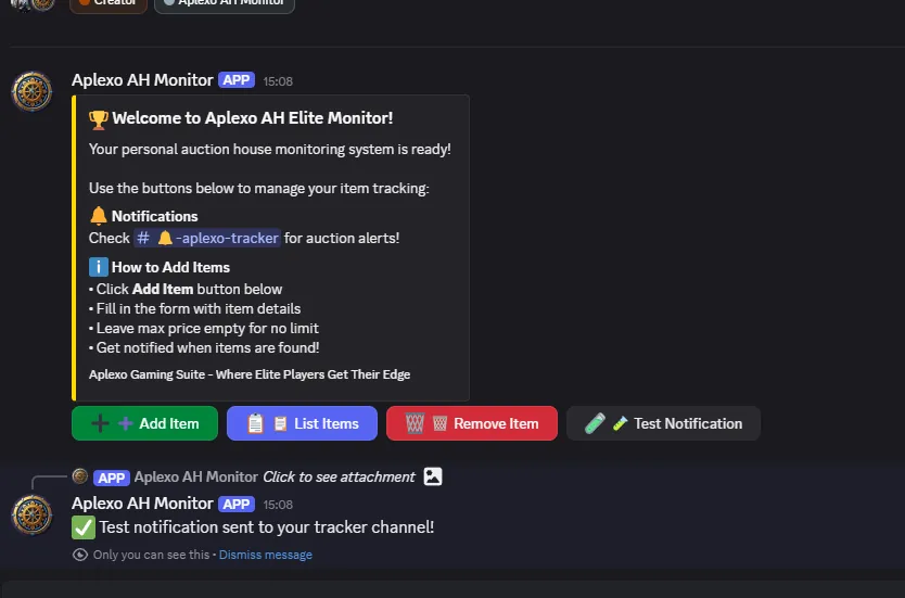 A private Discord channel with buttons to add, list and remove items