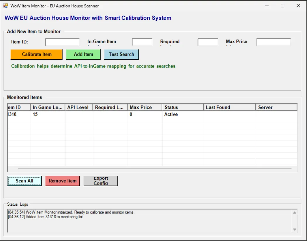 The first build: a Windows form for adding items to monitor