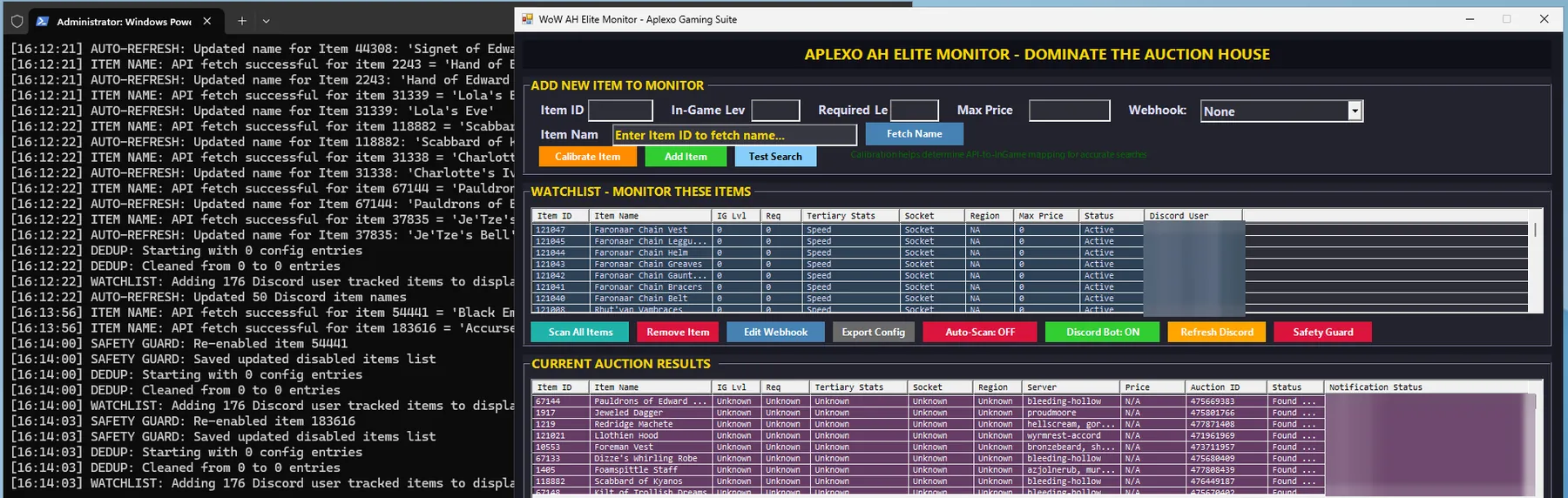 The PowerShell monitor next to its scan log